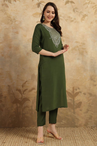 Green Nylon Chanderi Embroidery Kurta Set_Kumari Sarees