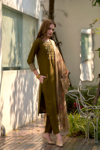 Olive Green Rayon With Embroidered Work Kurta Set