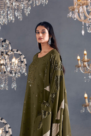 Olive Green Pure Russian Silk Embroidery Kurta Set