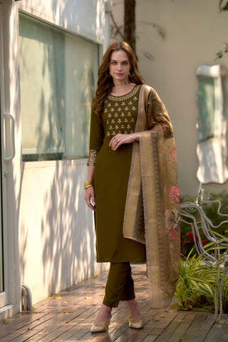 Olive Green Rayon With Embroidered Work Kurta Set