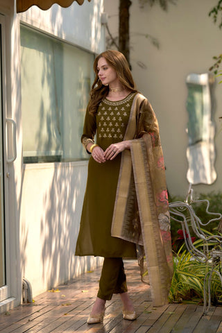 Olive Green Rayon With Embroidered Work Kurta Set