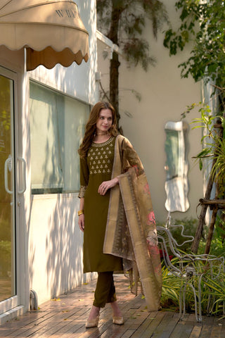 Olive Green Rayon With Embroidered Work Kurta Set