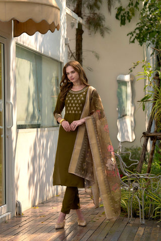 Olive Green Rayon With Embroidered Work Kurta Set