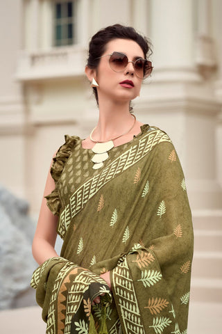 Olive Green Pure Mulmul Silk Saree