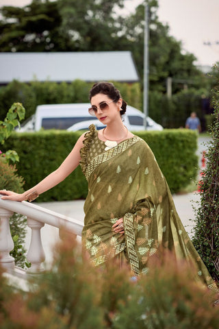 Olive Green Pure Mulmul Silk Saree