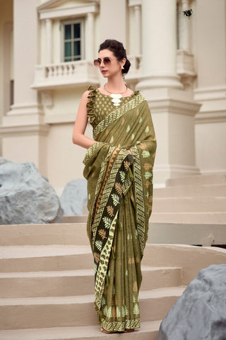 Olive Green Pure Mulmul Silk Saree