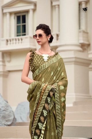 Olive Green Pure Mulmul Silk Saree