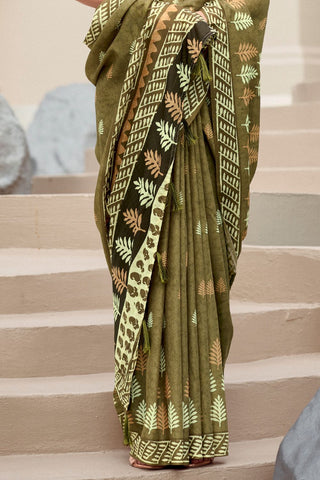 Olive Green Pure Mulmul Silk Saree