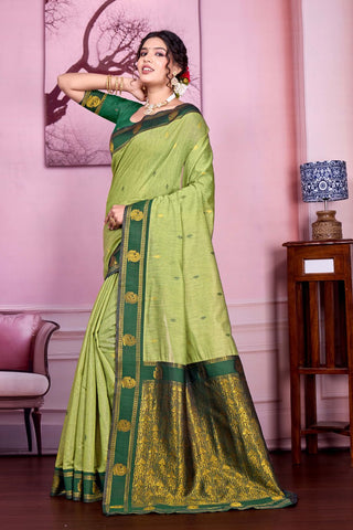 Olive Green Pure Handloom Cotton With Gold Zari Silk Saree