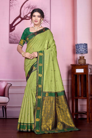 Olive Green Pure Handloom Cotton With Gold Zari Silk Saree