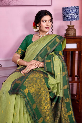 Olive Green Pure Handloom Cotton With Gold Zari Silk Saree