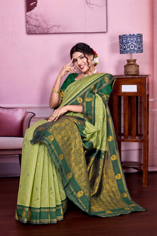 Olive Green Pure Handloom Cotton With Gold Zari Silk Saree