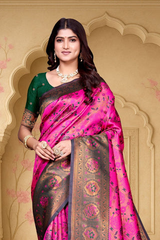 Onion Pink and Green Kanjeevarm Banarasi Soft Silk Saree_Kumari Sarees