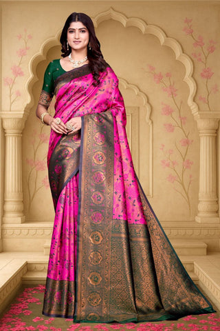 Onion Pink and Green Kanjeevarm Banarasi Soft Silk Saree_Kumari Sarees