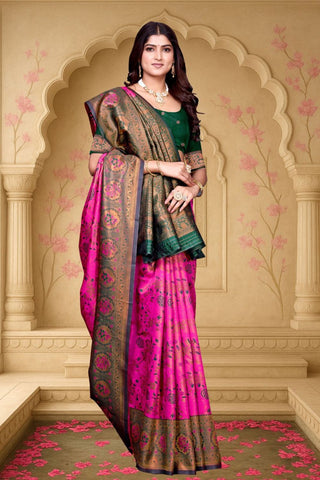 Onion Pink and Green Kanjeevarm Banarasi Soft Silk Saree_Kumari Sarees