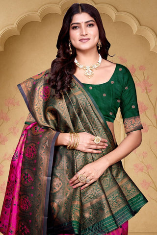 Onion Pink and Green Kanjeevarm Banarasi Soft Silk Saree_Kumari Sarees