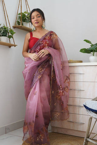 ONION PINK ORGANZA HANDWORK DIGITAL PRINT SAREE