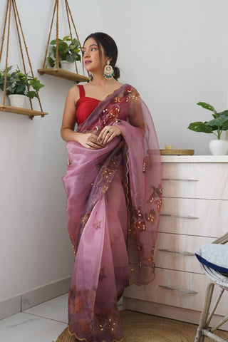 ONION PINK ORGANZA HANDWORK DIGITAL PRINT SAREE