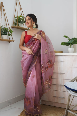 ONION PINK ORGANZA HANDWORK DIGITAL PRINT SAREE