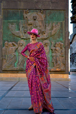 Onion Pink Organza Kashmiri Handloom Weaving Saree