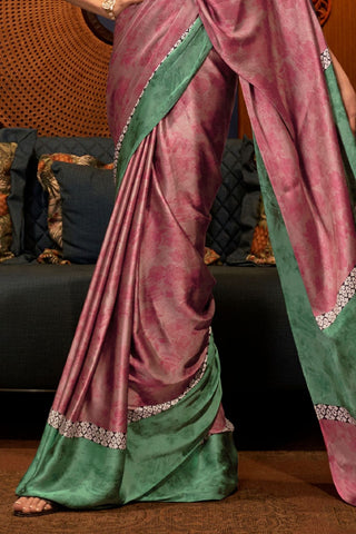 ONION PINK PRINTED JAPAN SATIN CREPE SAREE