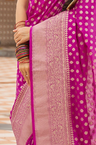 Onion Pink Georgette Nylon Handloom Weaving Saree_Kumari Sarees