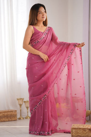 Onion Pink Sequins Silk Embroidery Thread Work Saree_Kumari Sarees