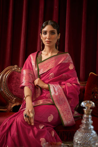 Onion Pink Tussar Silk Handloom Weaving Saree