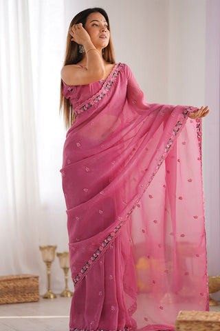 Onion Pink Sequins Silk Embroidery Thread Work Saree_Kumari Sarees