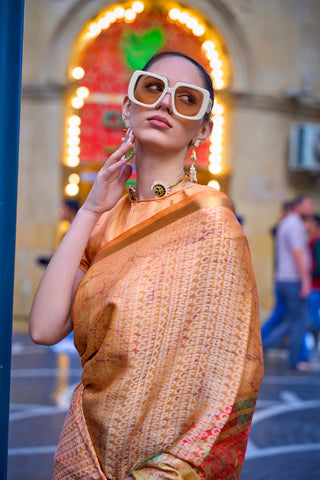 Orange & blue Print-poly Viscose Handloom Weaving Saree