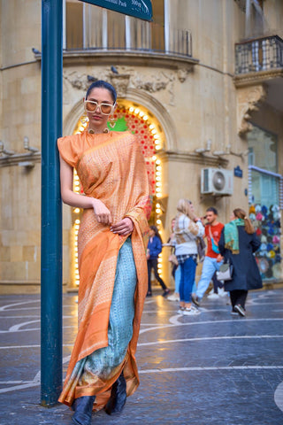 Orange & blue Print-poly Viscose Handloom Weaving Saree