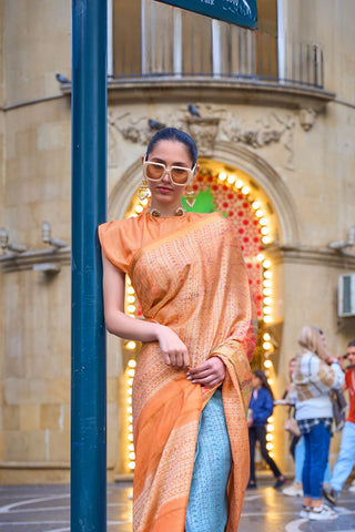 Orange & blue Print-poly Viscose Handloom Weaving Saree