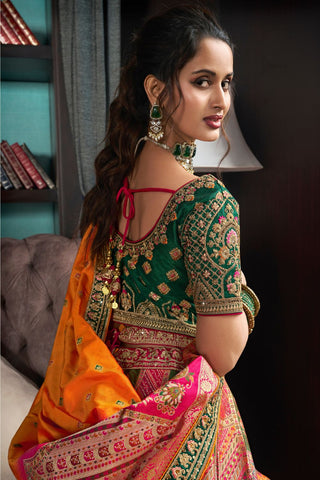 Orange & Green Banarasi Silk Lehenga with Zarkan Codding Work