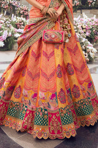 Orange and Green Banarasi Silk Bridal Lehenga with Zarkan Codding