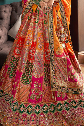 Orange & Green Banarasi Silk Lehenga with Zarkan Codding Work