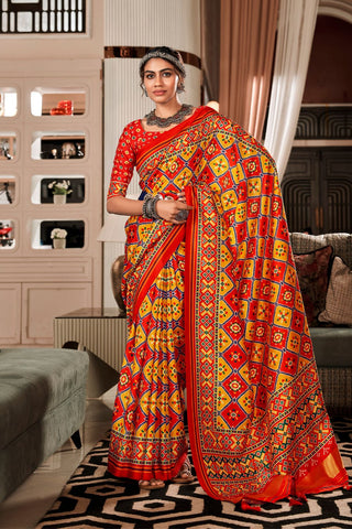 Red Pure Tussar Patola Saree With Patola Print