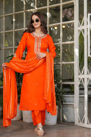 Orange Viscose Chanderi Jacqurad Embroidery Kurta Set