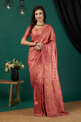 Orange And Gold-Toned Kanjeevaram Saree_Kumari Sarees