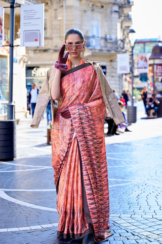 ORANGE DIGITAL PRINT SATIN CREPE SAREE