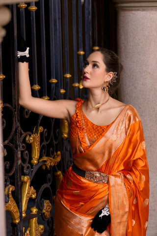 Orange Pure Satin Silk Crepe Saree