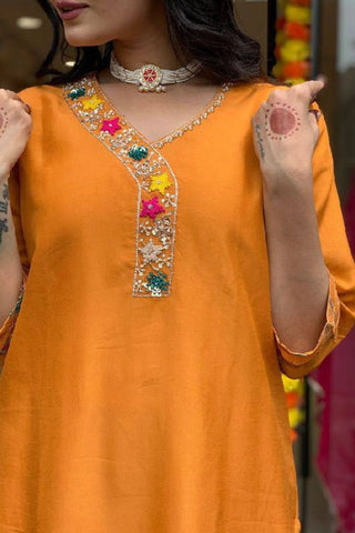 Orange Viscose Blend Printed Silk Kurta Set