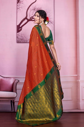 Orange Pure Handloom Cotton With Gold Zari Silk Saree