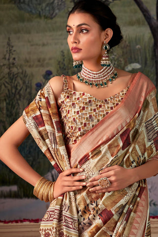 ORANGE HANDLOOM TUSSAR WITH DIGITAL PRINT SAREE