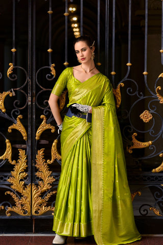 Green Pure Satin Silk Crepe Saree_Kumari Sarees