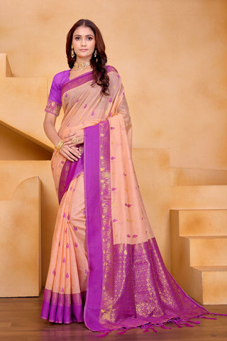 Orange Pure Handloom Cotton With Gold Zari Silk Saree_Kumari Sarees