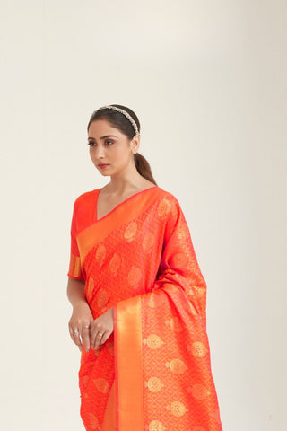 ORANGE KANJEEVARAM HANDLOOM WEAVING SILK SAREE