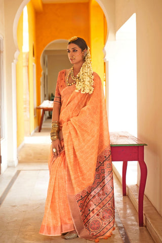 Orange Handloom Tussar Silk Saree_Kumari Sarees