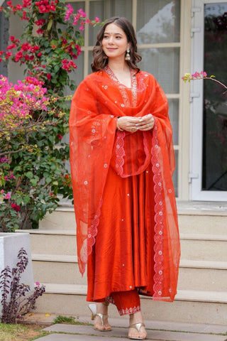 Orange Viscose Chanderi Cotton Kurta Set_Kumari Sarees