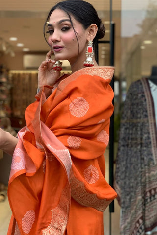 Orange Jaccard Silk Embroidery Kurta Set