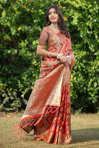 Orange Organza Leheriya Woven Design Saree